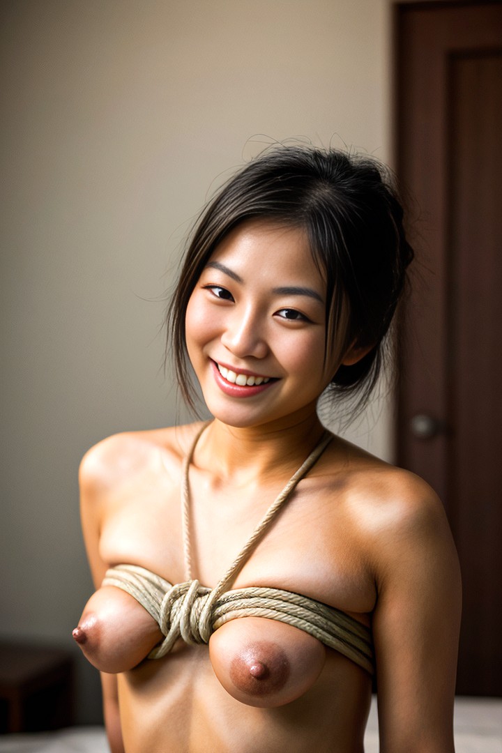 an asian woman in lingerie with her breasts tied up